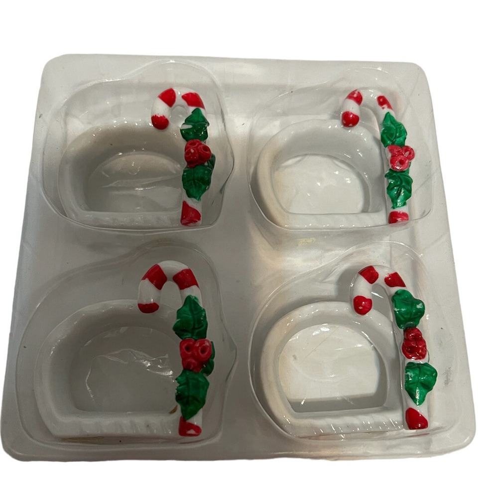 Christmas Candy Cain Napkin Rings Red Porcelain Set  of Four
